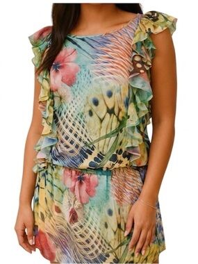 ARGENTI Sleeveless Floral Multicolour Jungle Dress Ruffles Elastic Waist Size 8